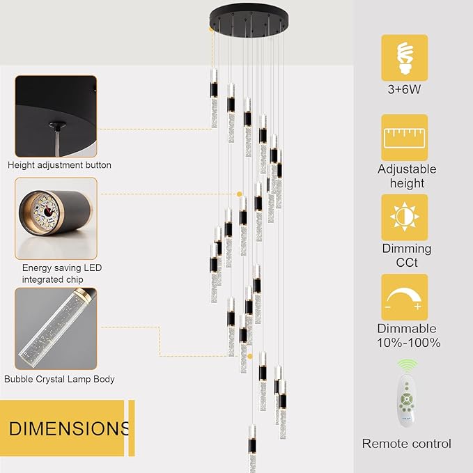 High Ceiling Chandelier 20-Lights Dimmmable Modern Crystal Staircase Chandelier Light Fixutres with Remote for Foyer