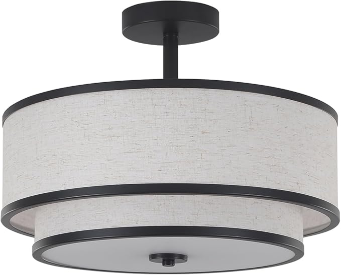 BUXVRCS Semi Flush Mount Ceiling Light Fixture, Modern Light Fixtures Ceiling Mount with Fabric Shade, 3-Light Double Drum Lighting Fixtures Close to Ceiling Light for Bedroom (Black)
