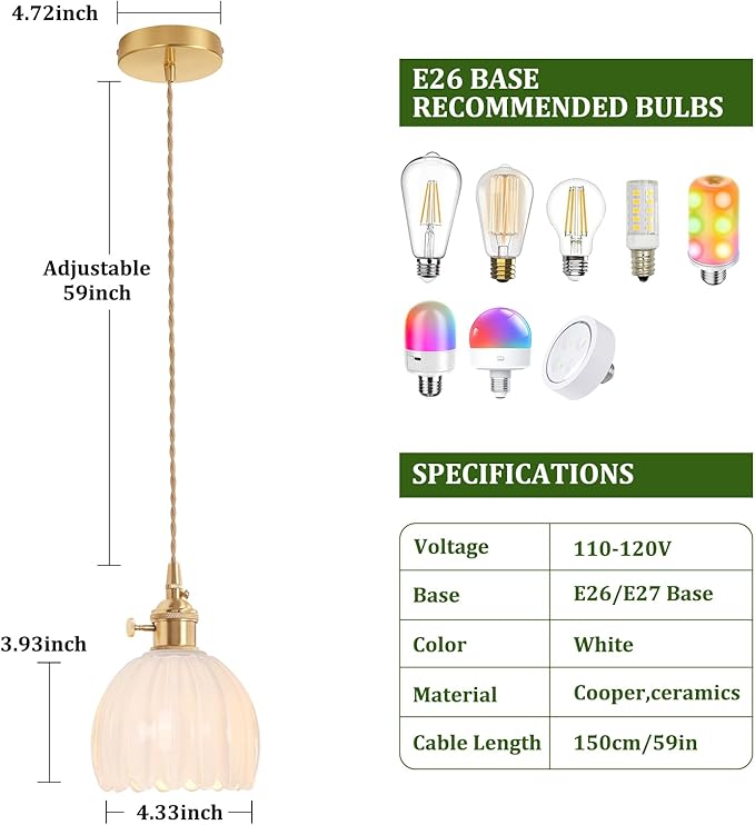 Shenmoyl Pendant Light 2 Pack with White Tulip Glass Lmapshade, Brass Vintage Pendant Light Adjustable Hanging Light for Kitchen Island Dining Room Hallway