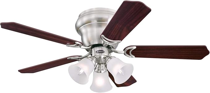 Westinghouse Contempra Trio 42 Inch Ceiling Fan with Light, Indoor Brushed Nickel Ceiling Fan for Small Rooms, Reversible Blades Rosewood/Bird’s Eye Maple, LED Bulbs Included