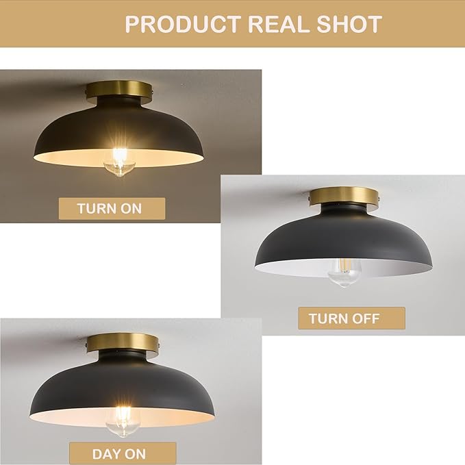 3 Pack Modern Semi Flush Mount Ceiling Light,Industrial Black and Gold Ceiling Fixtures,E26 Ceramic Lamp Head Light Fixture for Kitchen Entryway Hallway Laundry Room Bedroom Foyer 11.8 Inch