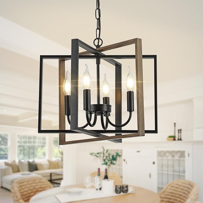 Farmhouse Chandelier Black Rustic Pendant Light Fixture, Adjustable Metal Flush Mount Ceiling Light for Kitchen Island, Dining Room, Living Room, Bedroom, Foyer