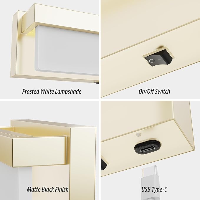 Battery Wall Sconce Champagne Gold Wall Light with On/Off Switch 8 inch LED Wall Lamp Acrylic Lampshade 3CCT Sconce Wall Lighting