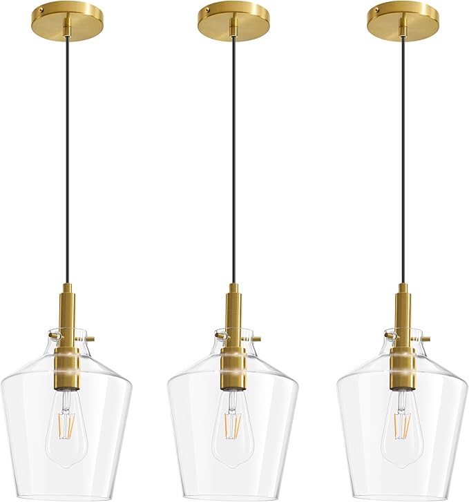 Modern Glass Pendant Lighting for Kitchen Island, Farmhouse Gold Pendant Light Fixtures 3 Pack, Adjustable Hanging Ceiling Light Angled Clear Glass Shades 8 Inch