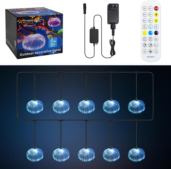 AZIMOM Smart 16.4ft 10pcs Fiber Optic Jellyfish Lamp APP Control Timing Music Sync RGBW Colorful IP67 Waterproof Outdoor Fairy Hanging String Light Garden Trees Christmas Party Wedding Ceiling Decor