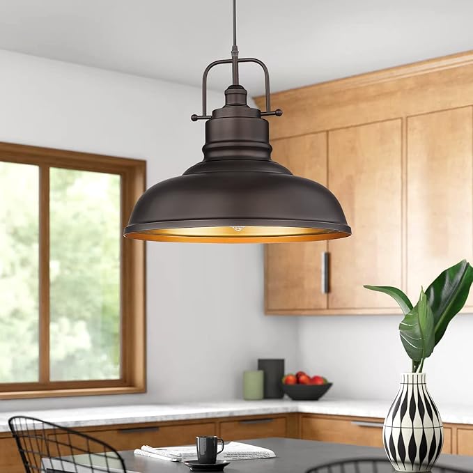 zeyu 17.7 Inch Farmhouse Pendant Light for Kitchen Island, Large Ceiling Hanging Light with Metal Dome Shade, Oil Rubbed Bronze Finish, 016-1M ORB