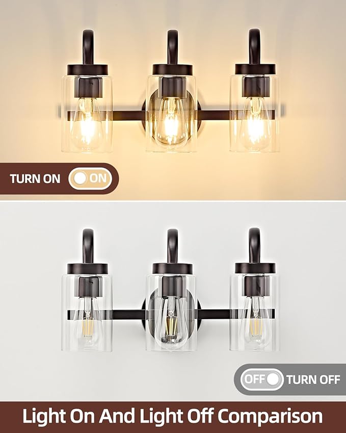 3 Light Bathroom Vanity Light, Black Coffee Vanity Lights for Bathroom, Modern Light Fixtures Over Mirror with Clear Glass Shade, Wall Sconce Lighting for Bedroom Living Room Hallway