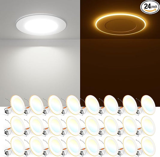 FREELICHT 24 Pack 5/6 Inch LED Can Lights with Night Light, 2700K/3000K/4000K/5000K/6000K Selectable Flat Retrofit Recessed Lighting, 10W=110W, 1000LM, Dimmable - ETL & FCC
