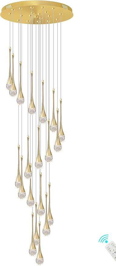 ykolupty 138'' High Ceiling Chandelier for Entryway Gold Raindrop Crystal Chandeliers for Living Room Foyer Staircase Flush Mount Sloping Ceiling Pendant Light Fixture LED Dimming 2700k-6000k