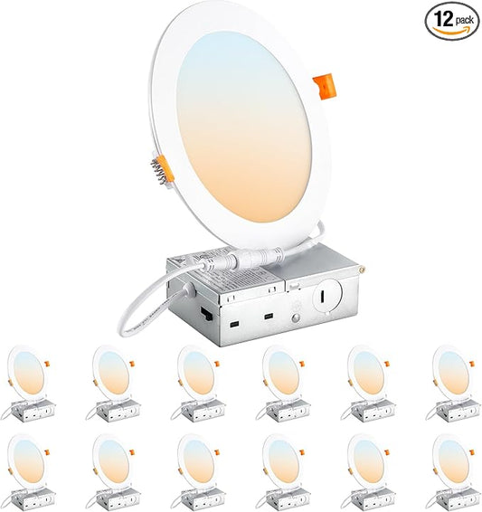 DLLT LED Recessed Ceiling Light: 12 Pack 6 Inch Slim Recessed Lighting for Kitchen - 5CCT Dimmable Canless Wafer Downlight for Living Room - 1200LM Brightness 12W LED Lights for Bedroom ETL FCC