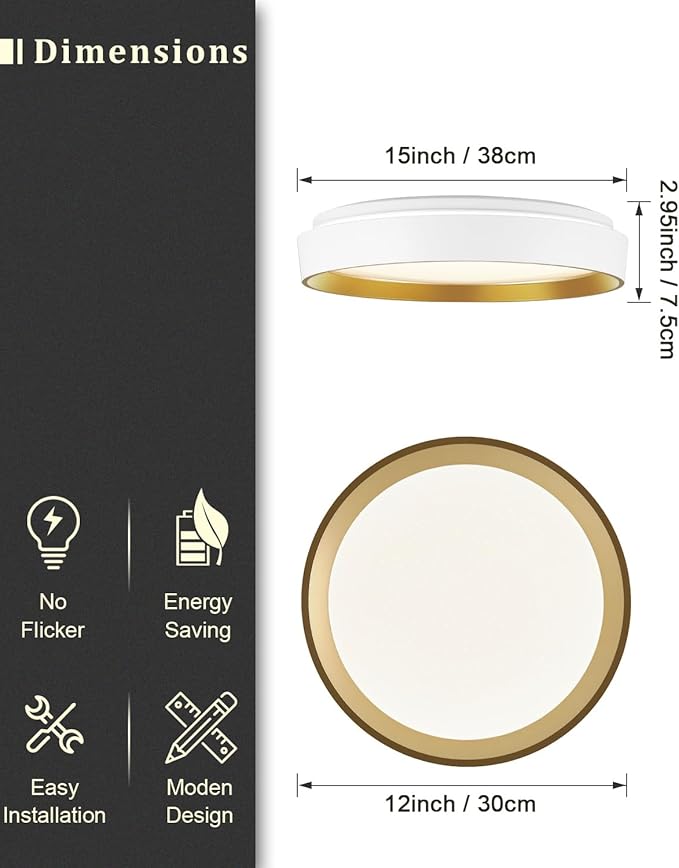 ANYLOVE 10 Inch Modern Flush Mount Ceiling Lights,White Gold Plastic Round Ceiling Light,Dimmable 3000K,3500K,4000K,5000K,6000K,for Living Room,Dining Room,Bedroom,Kitchen (White and Gold, 15 Inch)