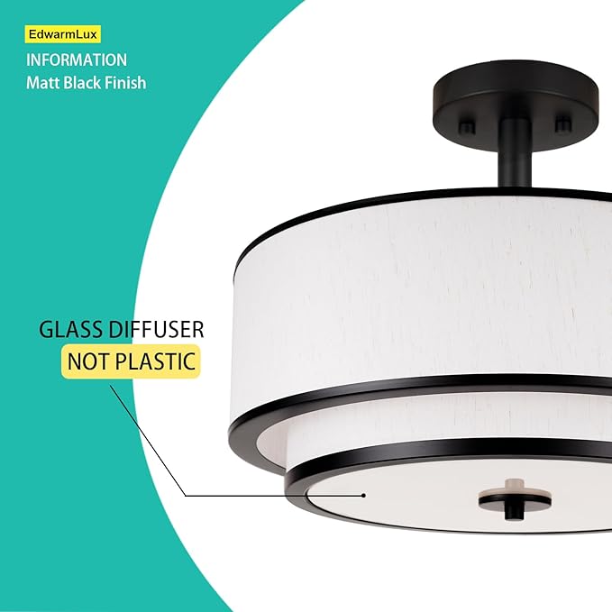 3-Light Semi Flush Mount Ceiling Light, 16" Drum Light with White Fabric Shade, Modern Close to Ceiling Lamp for Living Room Bedroom Dining Kitchen Hallway Entry (Matte Black)