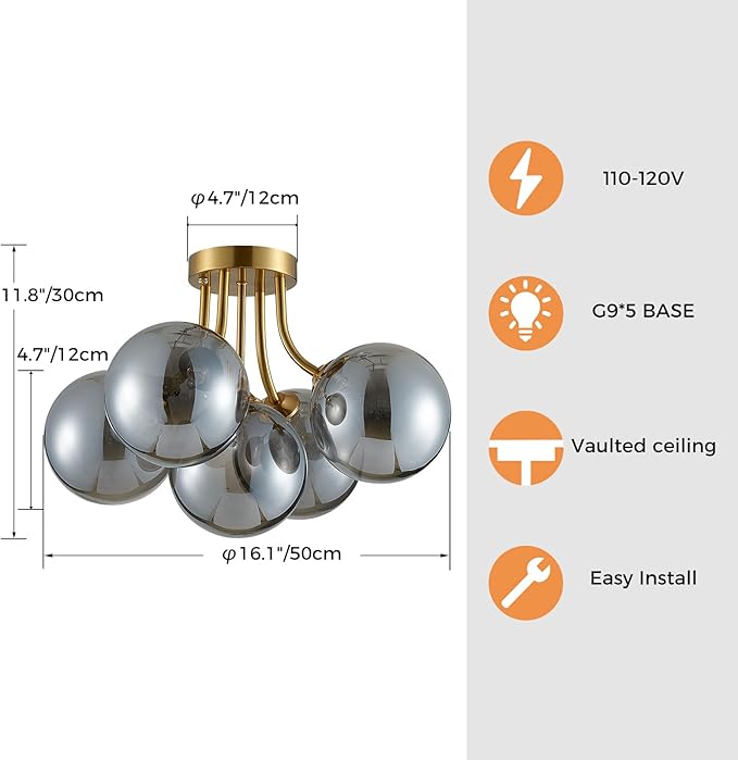 Gold Bubble Glass Chandelier 5-Light, Glass Sputnik Flush Mount Ceiling Light for Living Room, D16'' x H12'', G9*5 Sockets, Globe Bubble Light Chandelier with Grey Ball Smooth Shade