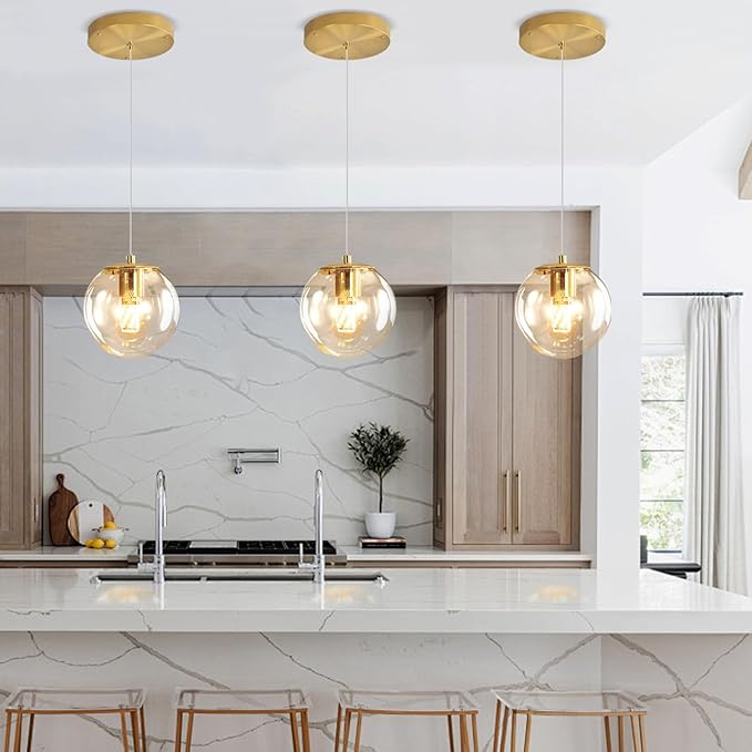 ykolupty Pendant Lights Kitchen Island Gold Globe Pendant Light Fixture,Mid Century Chandelier 1-Light Hanging Fixture for Kitchen Island,Adjustable Length Indoor Lighting for Dinning Room Bedroom