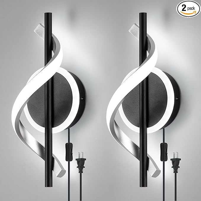 EIDISUNY Plug in Wall Sconces Sets of 2, 12W LED Wall Mount Lights, Modern Spiral Wall Lamp, 6000K Cold Modern Light Fixture for Stairs, Living Room, Bedroom, Aisle, Hallway