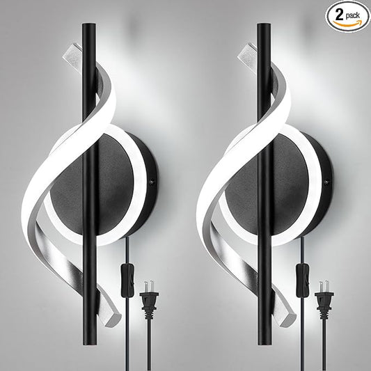EIDISUNY Plug in Wall Sconces Sets of 2, 12W LED Wall Mount Lights, Modern Spiral Wall Lamp, 6000K Cold Modern Light Fixture for Stairs, Living Room, Bedroom, Aisle, Hallway