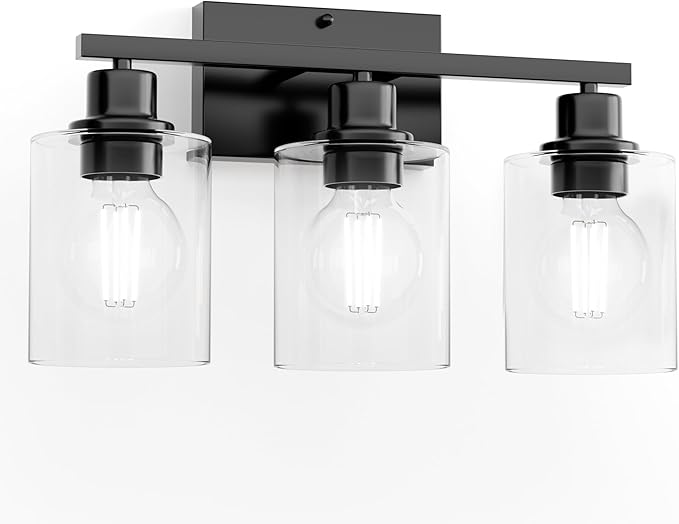 Black Bathroom Lights Over Mirror, Anti-Rust 3-Light Vanity Lighting Fixture for Bathroom, Modern 18Inches Wall Sconce Light for Living Room, Standard E26 Base, Clear Glass Shades, Bulbs Not Included