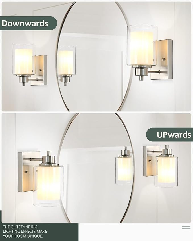 2 Pack Bath Vanity Light Fixtures 1-Light, Indoor Brushed Nickel Wall Light with Dual Glass Shade, Modern Bathroom Wall Scone Lighting, Vintage E26 Base Wall Mount Lamp for Bedroom