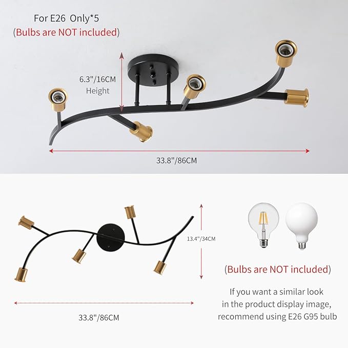 Black and Gold Modern Sputnik Ceiling Light Fixture 5-Lights,Mid Centur Minimalist Semi Flush Mount sputnik Chandelier for Living Room,Dining Room,Bedroom,Hallway,Kitchen(Bulbs Not Included)