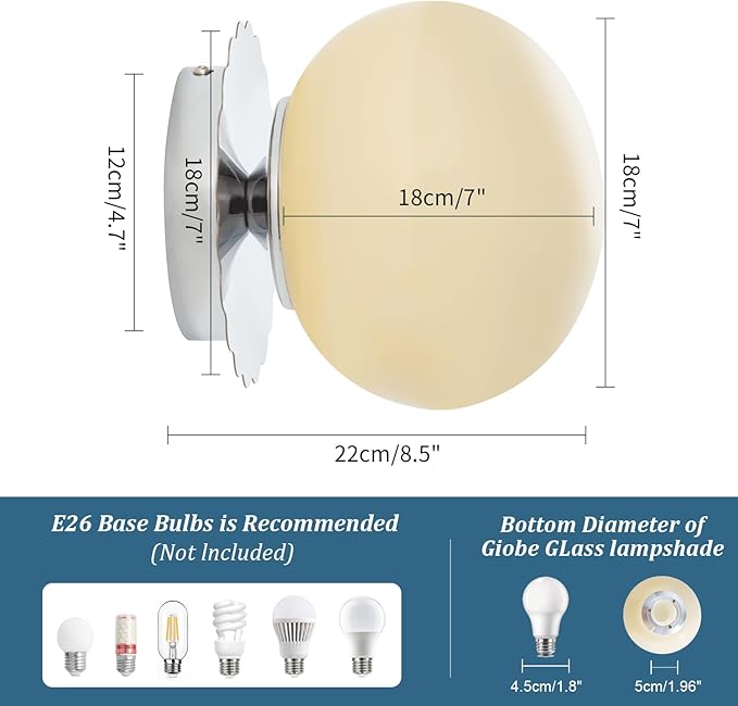 Modern Globe Glass Wall Sconces- Minimalist Home Shop Decor Wall Light 7" Glass Shade Hardwired- 1 Light Mid Century Wall Lamps Indoor Bedroom Bathroom Hallway Vanity Sconce Light (Chrome-Beige)