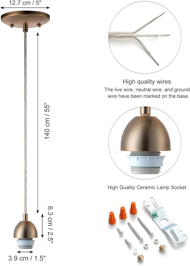 Champagne Bronze Pendant Light Fixture Kit, Small Pendant Lights Kitchen Island, DIY Make Modern & Farmhouse & Industrial Hanging Light, Adjustable Height, 1 Pack（Shade and Bulb Not Included）
