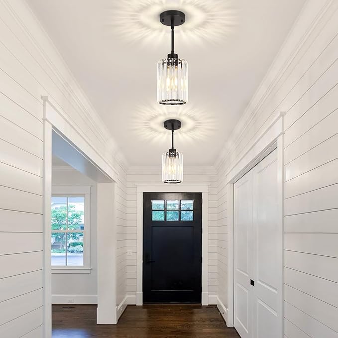 3 Pack Black Pendant Lights Kitchen Island, Modern Crystal Kitchen Pendant Lighting Over Island, Adjustable Hanging Bathroom Light Fixtures Mini Pendant Light for Dining Room Hallway Entryway Foyer