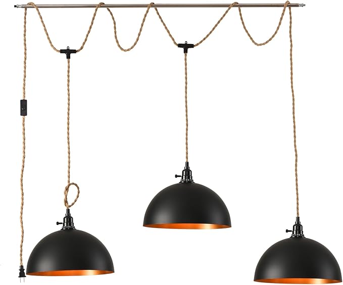 3-Light Hanging Light with Plug in Cord,Plug in Pendant Light 22ft Hemp Rope Pendant Lighting Vintage 3-Light Hanging Lamp Fixtures for Kitchen Island Living Room Bedroom