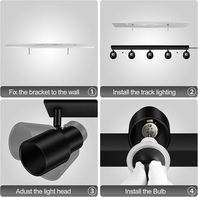 Plug in Track Lighting, 30" LED Track Light Fixtures Ceiling, Black 5 Way Ceiling Lights for Kitchen, 15FT Cord, Rotatable Light Head, Rocker Switch, Plug Spotlight for Bedroom Hallway(GU10, NO Bulb)