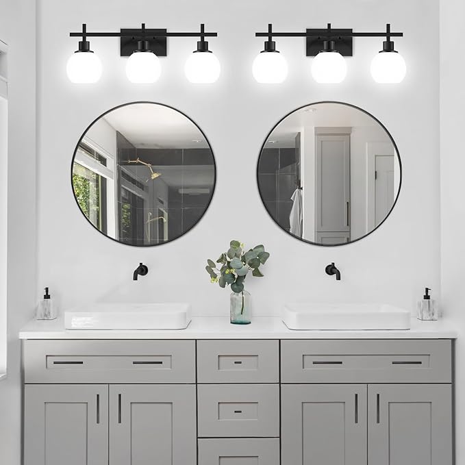 Dpyrrhic Modern Vanity Lighting Fixtures,3-Light Black Bathroom Lighting Fixtures Over Mirror，Bathroom Wall Mounted Vanity Light with Milky White Glass Lampshade for Living Room，Bedroom，Hallway