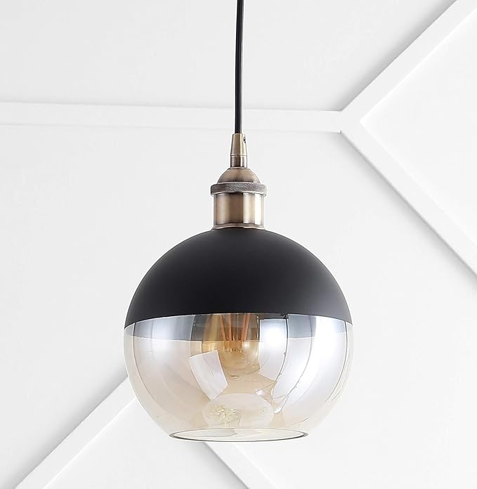 JONATHAN Y 7.5" Brass Gold/Black Mid-Century Modern Globe Pendant Light, Adjustable LED Hanging Ceiling Fixture, Champagne Smoked Glass Shade for Kitchen Island JYL3513A