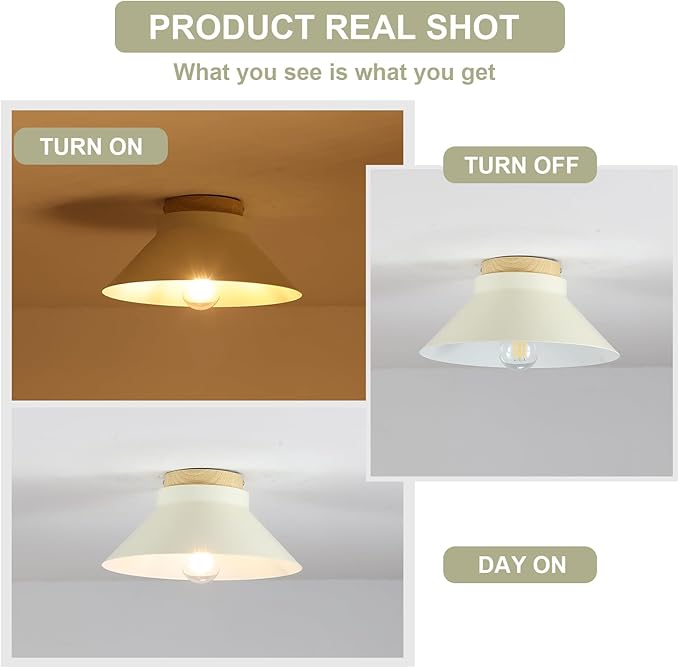11.8'' Modern Ceiling Light Fixtures, Cream White Metal Flush Mount Light Fixtures with Natural Wood Accent, Farmhouse Semi Flush Mount Ceiling Lights for Kitchen, Hallway, Entryway,Laundry Room