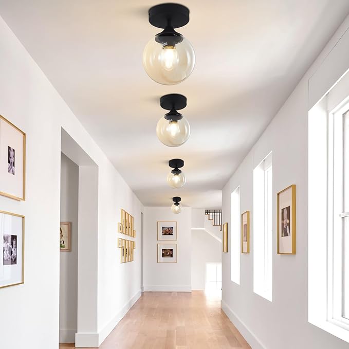 KCO Lighting Black Globe Semi Flush Mount Ceiling Light Modern Light Fixture Amber Glass Ceiling Light Rustic Bedroom Close to Ceiling Light Mid Century Modern Overhead Light