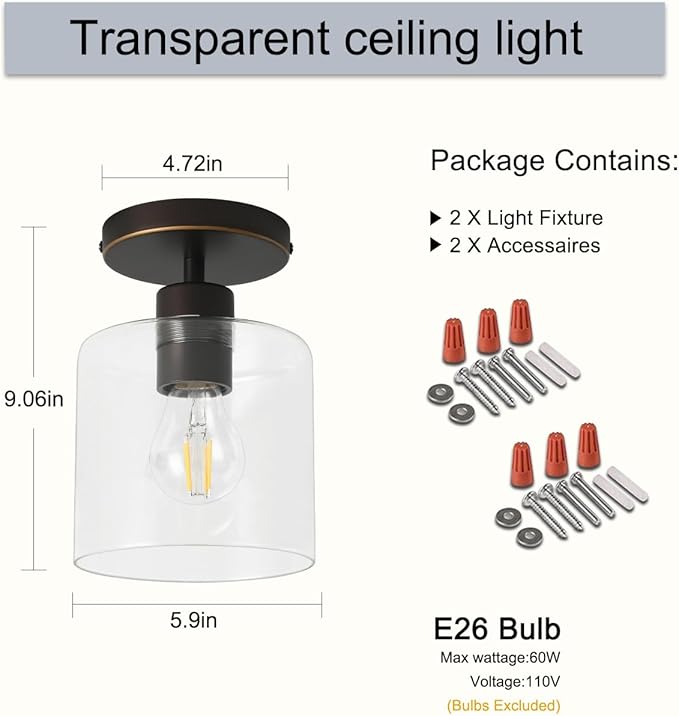 Brown and Gold Semi Flush Mount Ceiling Light,Modern Farmhouse Ceiling Light Fixture for Closet Entryway,Hallway Light Fixture 5.9in Clear Glass Shade 2 Pack