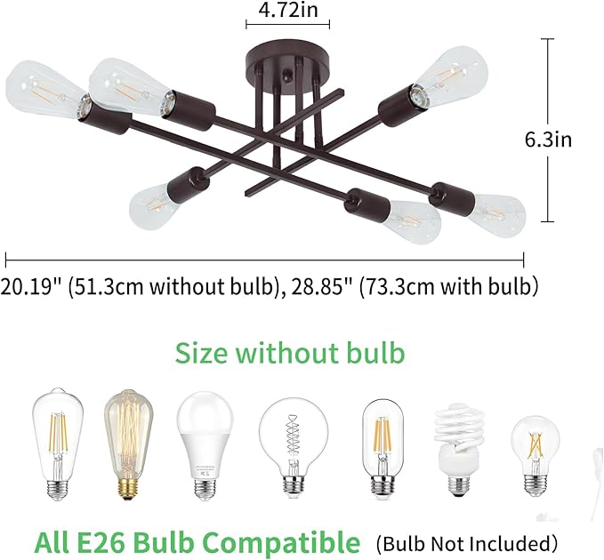 Industrial 6-Light Semi Flush Mount Ceiling Light Fixture, Oil Rubbed Bronze Modern Ceiling Lights, Rustic Sputnik Ceilings Lamp for Living Room Hallway Foyer Entryway