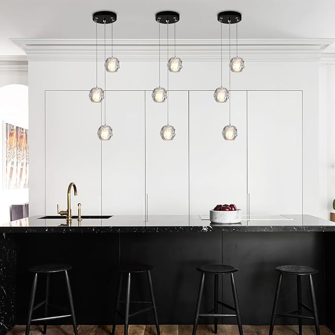 3 Lights Pendant Light Fixture, Black Cluster Pendant Lights Kitchen Island, Bubble Crystal Pendant Lighting Modern Hanging Light for Dining Room