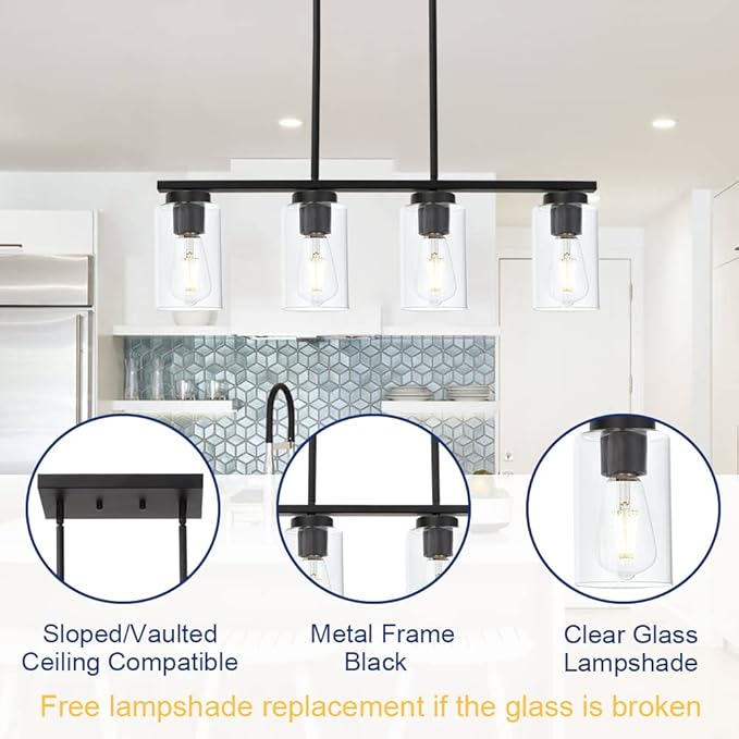 TODOLUZ Black Pendant Light Fixtures with Clear Glass Shades, 4-Lights Linar Kitchen Island Light for Farmhouse Dining Room Kitchen Pool Table
