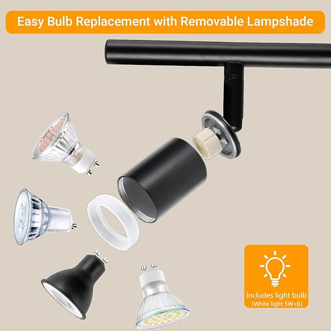 Plug in Track Lighting Kit, 120cm LED 6 Light Kitchen Track Lighting Corded Wall Light with 16.4ft Cord 6 Way Ceiling Spot Lighting Flexibly Rotatable Head Includes 6xGU10 Bulb (6 Black-Acrylic-120cm)