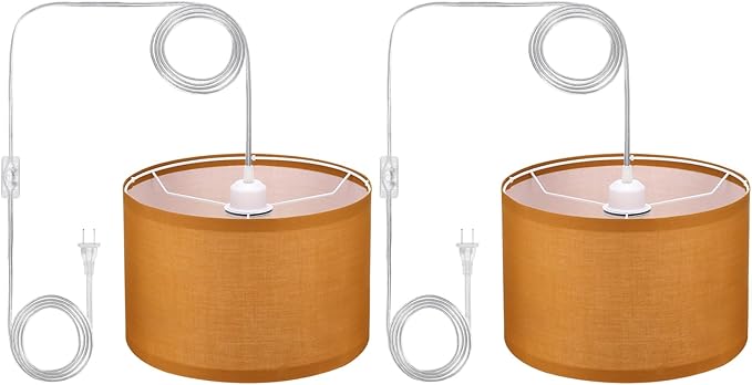 PATIKIL Plug in Pendant Light, 2 Pack 15Ft Rope Cord Hanging Lamp Fixture with ON/Off Switch, Linen Fabric Shade E26/E27 Bulb Socket for Bedroom Kitchen Living Room, Dark Orange
