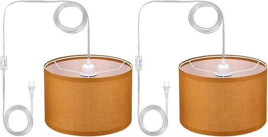 PATIKIL Plug in Pendant Light, 2 Pack 15Ft Rope Cord Hanging Lamp Fixture with ON/Off Switch, Linen Fabric Shade E26/E27 Bulb Socket for Bedroom Kitchen Living Room, Dark Orange