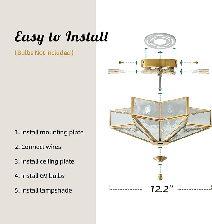 Star Brass Vintage Ceiling Light - 12.2 in Small Hammered Glass Antique Brushed Gold Flush Mount Fixture, Mid Century Art Deco Overhead Lighting for Kitchen Hallway Bedroom Bathroom Laundry Entryway