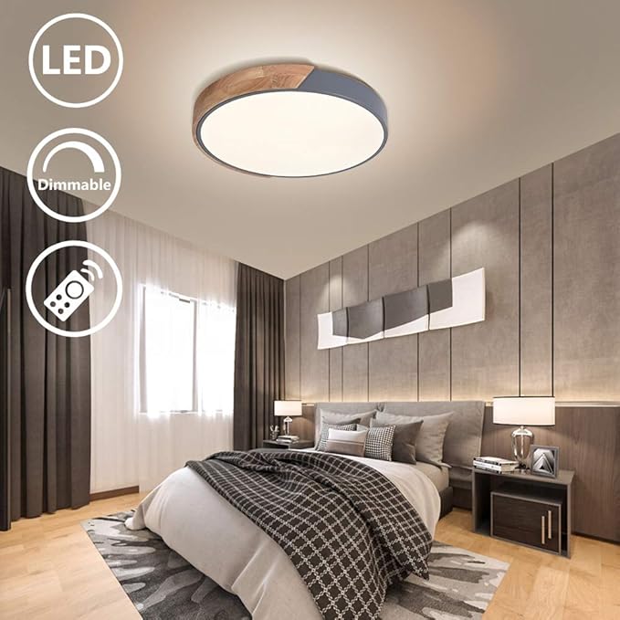 EDISLIVE Ceiling Light Dimmable 15 inch Modern Minimalist LED Round Shaped Wood & Metal & Acrylic Flush Mount Ceiling Light with Remote Control Gray
