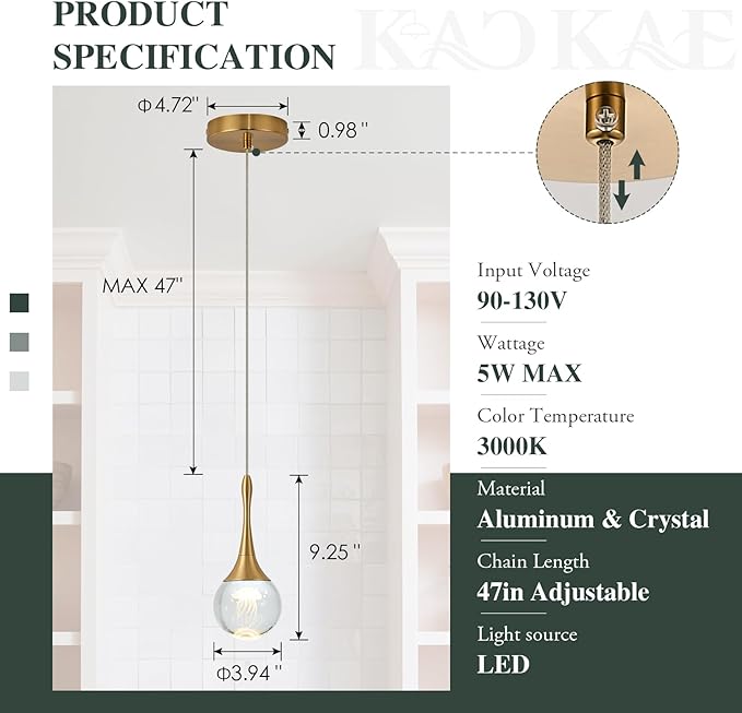 LED Pendant Light Kitchen Island Jellyfish Crystal Pendant Lights Dimmable Gold Modern Hanging Light for Bedroom Bathroom Living Room 3000K Warm White, 1 Pack