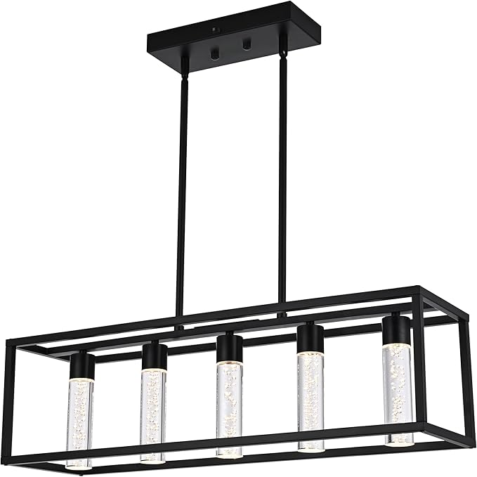 MELUCEE 5 Color Black Pendant Lights Kitchen Island, 5 Lights Modern Kitchen Island Lights 25W Dining Table Light Fixture with Crystal Bubble, Integrated LED Chandelier for Dining Room Billiard Room