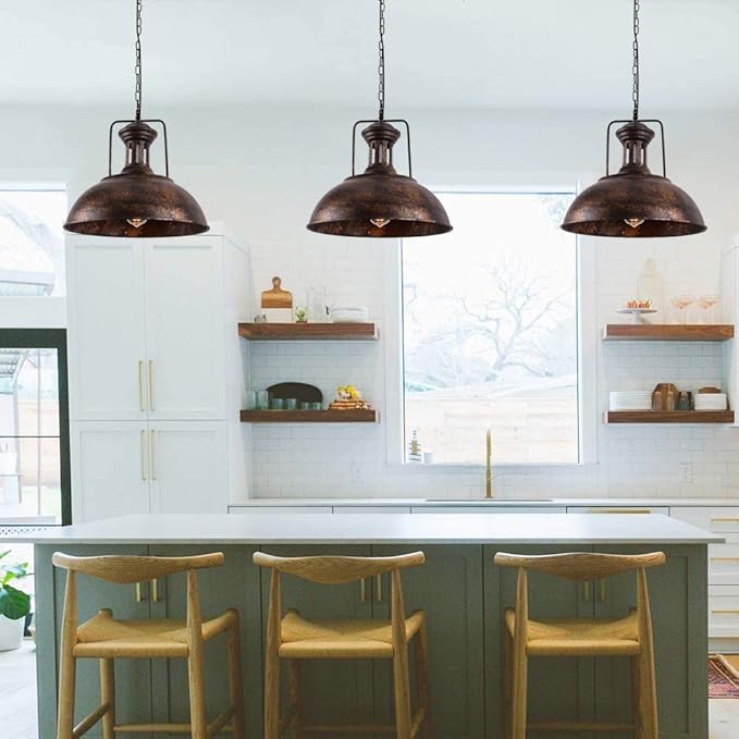 Lingkai 16.14" Farmhouse Pendant Light, Rustic Vintage Hanging Light Fixture Barn Dome Lampshade Ceiling Mount Lamp for Kitchen Island Dining Room