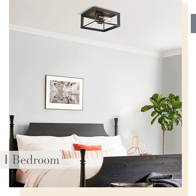 Emliviar 2-Light Flush Mount Ceiling Light, 11 Inch Farmhouse Ceiling Light Fixture for Bedroom, Black Finish with Aluminum Frame, 3040-2 BK