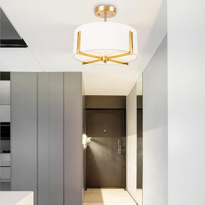Edwarmlux 3-Light Semi Flush Mount Ceiling Light Fixture, 13.7" Gold Drum Light with White Fabric Shade, Modern Close to Ceiling Lamp for Living Room Bedroom Dining Room Kitchen Hallway Entry Foyer