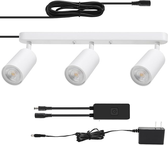 Plug in Track Lighting Track Light Fixtures with Power Cord Wall Spotlight Flexibly Rotatable Heads Plug in Ceiling Lights for Kitchen Cabinet Gallery Bar Living Room 15W 3000K(White, 3 Heads)