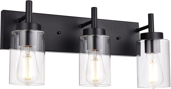 VINLUZ Vanity Bathroom Light Fixture Black 3 Lights Rustic Wall Sconce Lighting with Clear Glass Shade Vintage Porch Wall Lamp （Patent No.: US D958,438 S