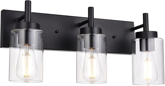 VINLUZ Vanity Bathroom Light Fixture Black 3 Lights Rustic Wall Sconce Lighting with Clear Glass Shade Vintage Porch Wall Lamp （Patent No.: US D958,438 S