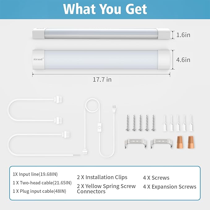 Airand LED Ceiling Light Fixture with Plug 5000k, Triproof LED Tube Light 16W Linkable Closet Lights for Workbench Kitchen Basement Garage Corridor Bathroom Office Overhead Lighting with Plug in Cord